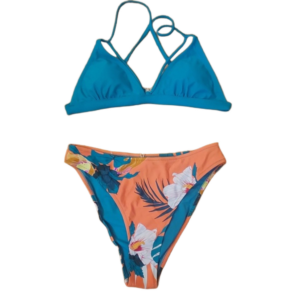 Cupshe - Bikini Turquoise and Orange Tropical Floral Print. Medium